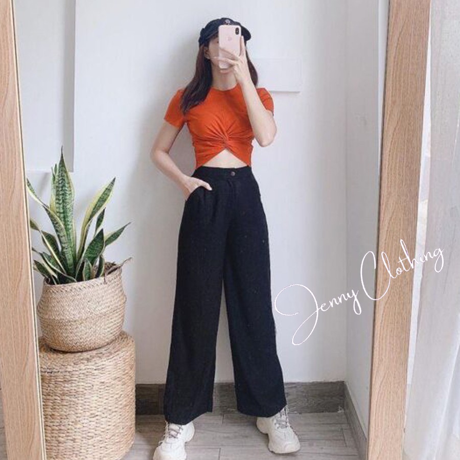 Quần đũi ống rộng dài 85 cm dáng lửng nữ ống suông - Lưng thun cạp chun khoá thật - màu Đen Trắng - Chất vải đũi