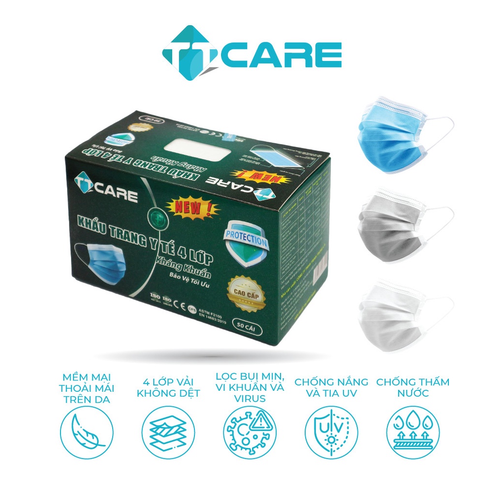 COMBO 5 HỘP KHẨU TRANG Y TẾ 4 LỚP TTCARE / 5 MÀU / CHÍNH HÃNG