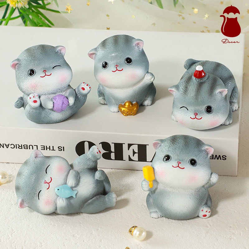 Full Set tượng 5 mèo con Ô DECOR, hộp quà tặng mô hình mèo mini để bàn màu xám full biểu cảm đáng yêu dễ thương cute