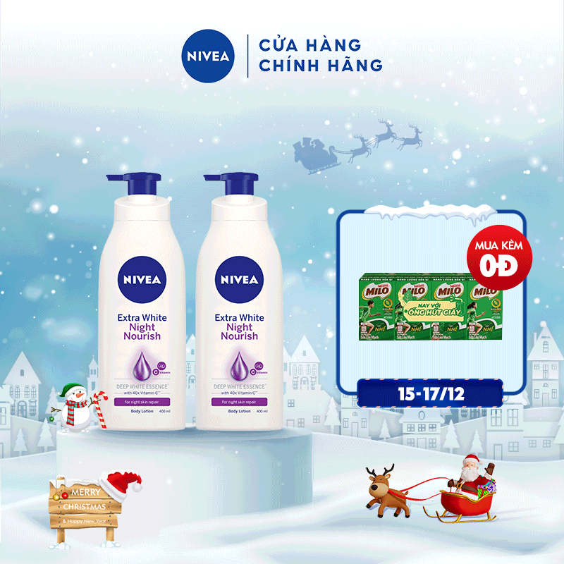 Bộ đôi Sữa dưỡng thể giúp săn da, dưỡng trắng Nivea ban đêm (400ml/chai) – 88126