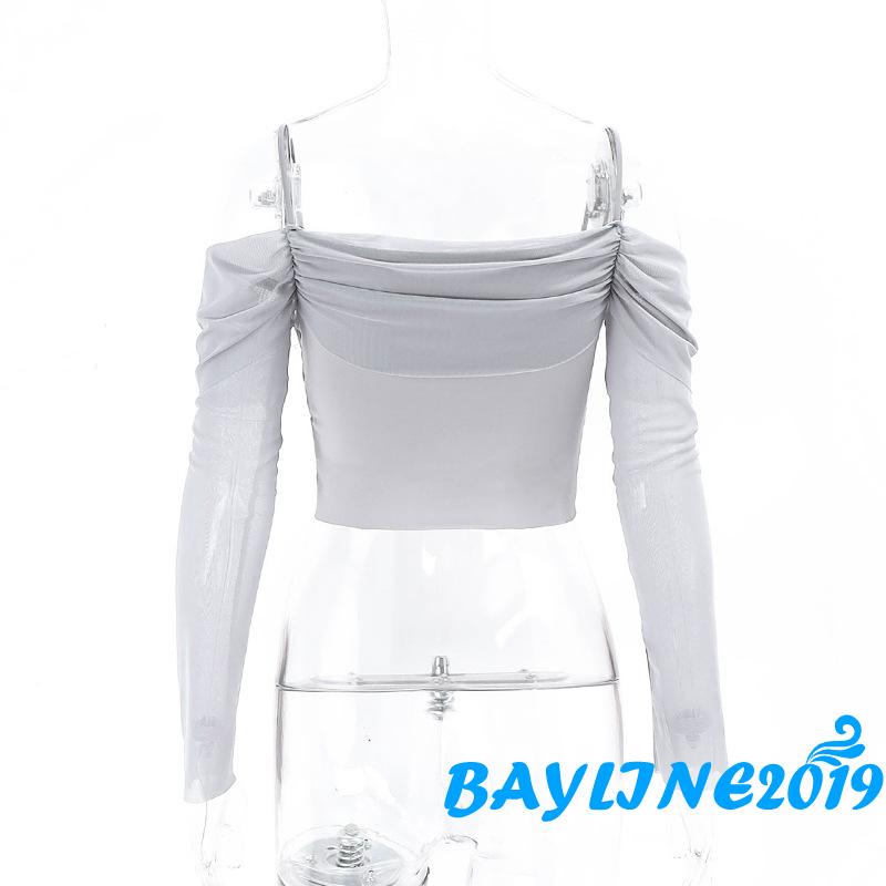Áo Croptop Trễ Vai Tay Dài Màu Trơn Phối Lưới Thời Trang Cho Nữ