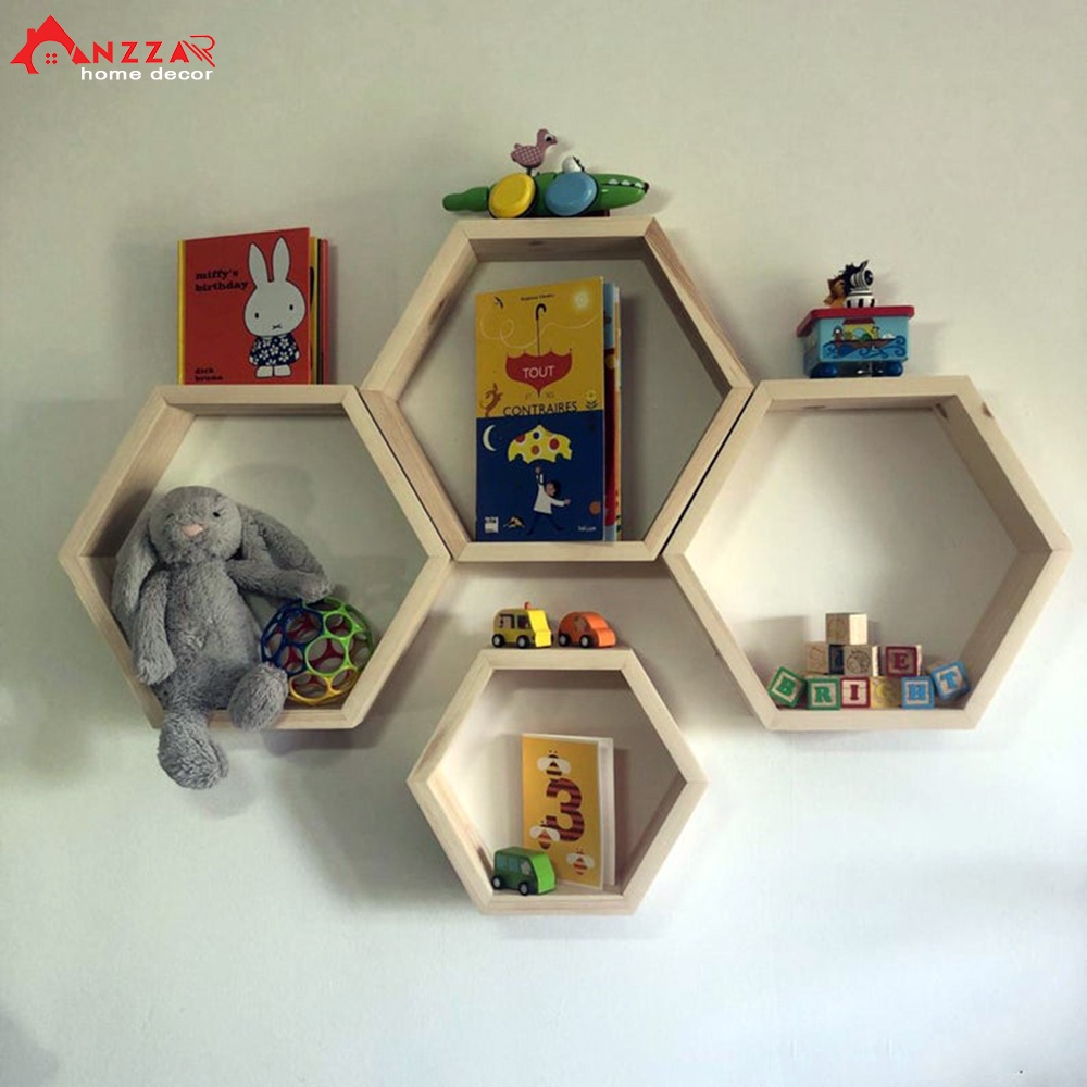 Kệ gỗ lục giác treo tường Anzzar gỗ thông nhập khẩu trang trí nội thất phòng khách độc đáo KLG-02