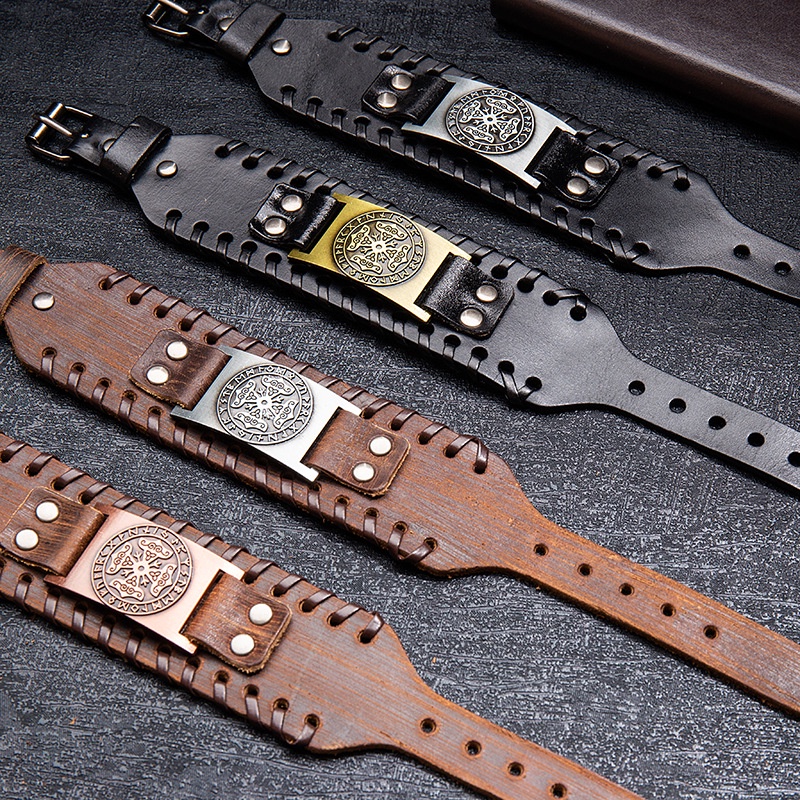 Vòng Tay Da Phối Mặt Thánh Giá Bằng Thép Không Gỉ Phong Cách Hip Hop