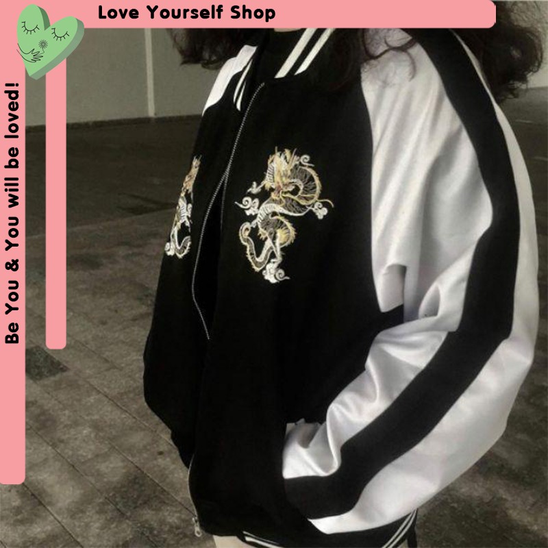 [Có ảnh thật] Áo khoác bomber unisex 2 lớp thêu hình rồng