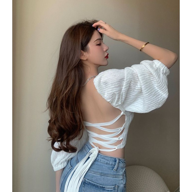 (order) Áo kiểu tay phồng hở lưng cột dây sexy hàng Quảng Châu