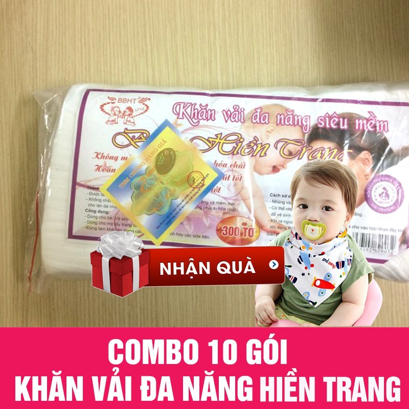 Combo 10 gói khăn vải khô đa năng Hiền Trang tặng kèm 2 yếm tam giác xô (200gr/ gói)