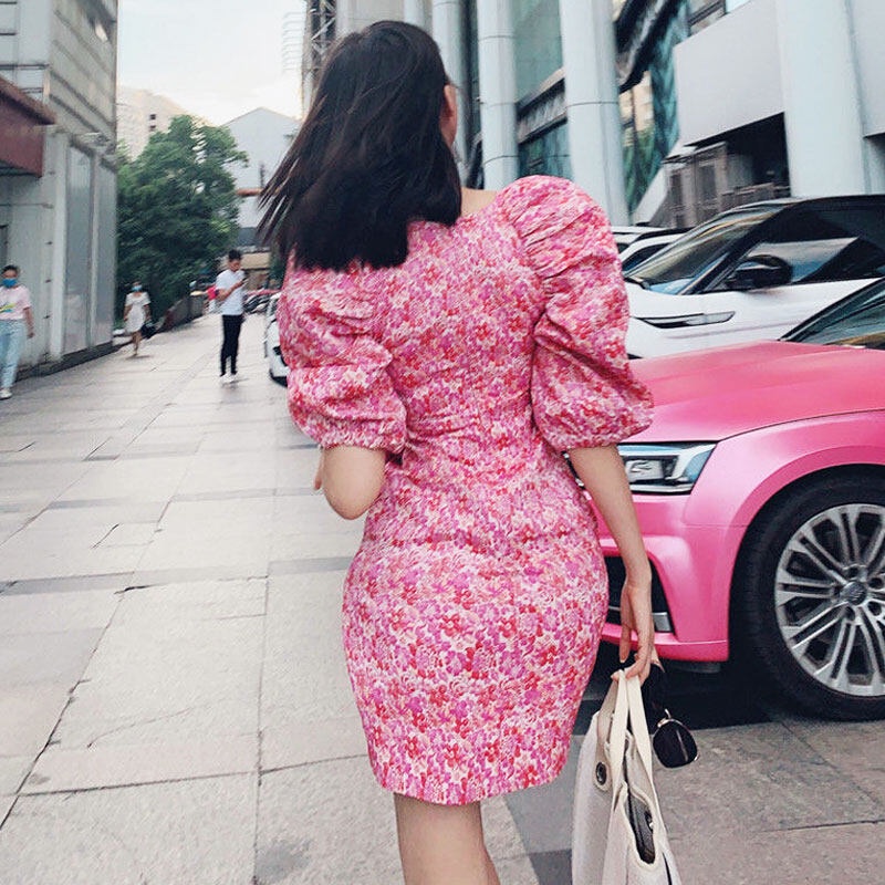 TAFON Elegant French Puff Sleeve Fashion Floral Dress