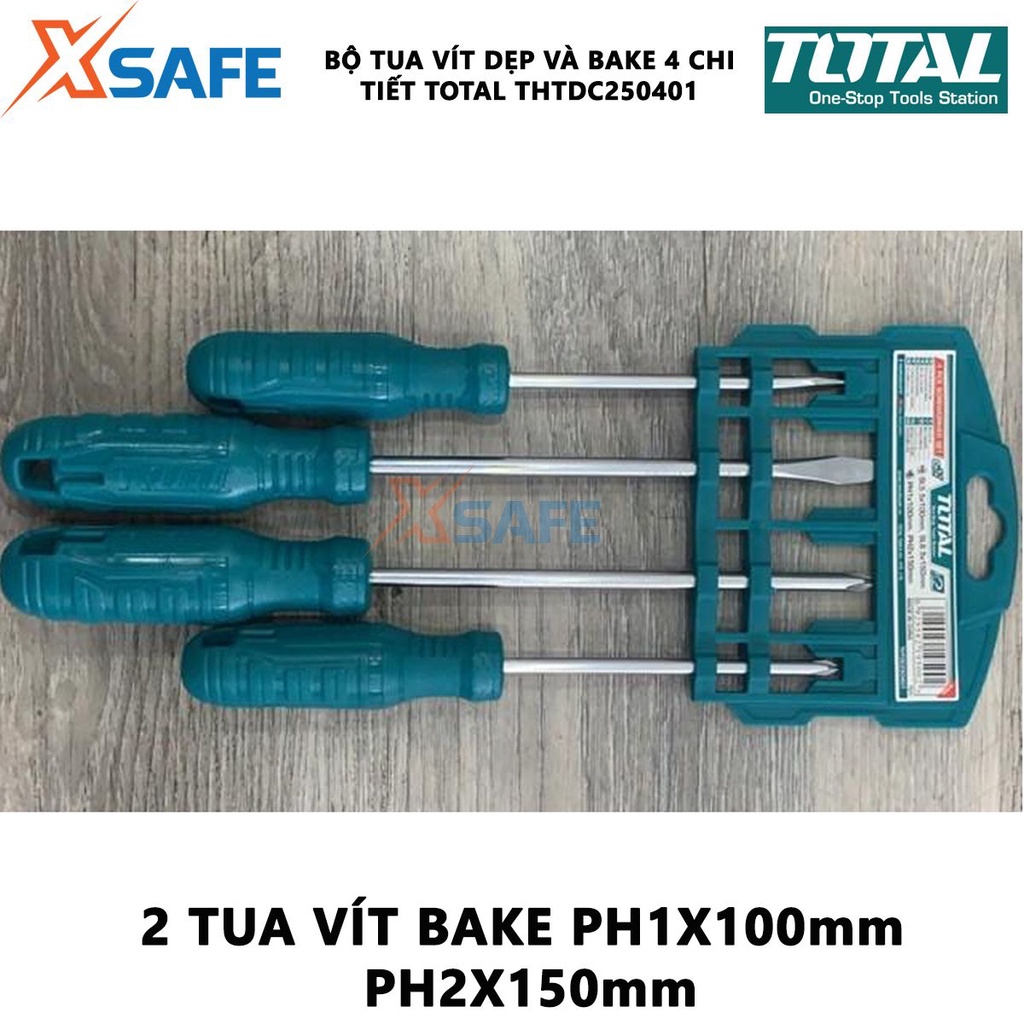 Bộ tuốc nơ vít dẹp và bake 4 chi tiết TOTAL THTDC250401 | Bộ 4 tua vít gồm 2 tuốc nơ vít dẹp SL5X100mm, SL6X150mm
