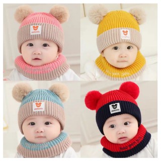 Sét Mũ Len Kèm Khăn Len Ống Cho Bé, Mũ Len 2 Quả Bông Kèm Khăn Len Dày Ấm Cho Bé Trai Bé Gái