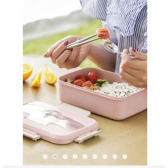 Hộp cơm, hộp đựng thức ăn 3 ngăn nhựa lúa mạch kèm đũa thìa inox (ảnh thật)