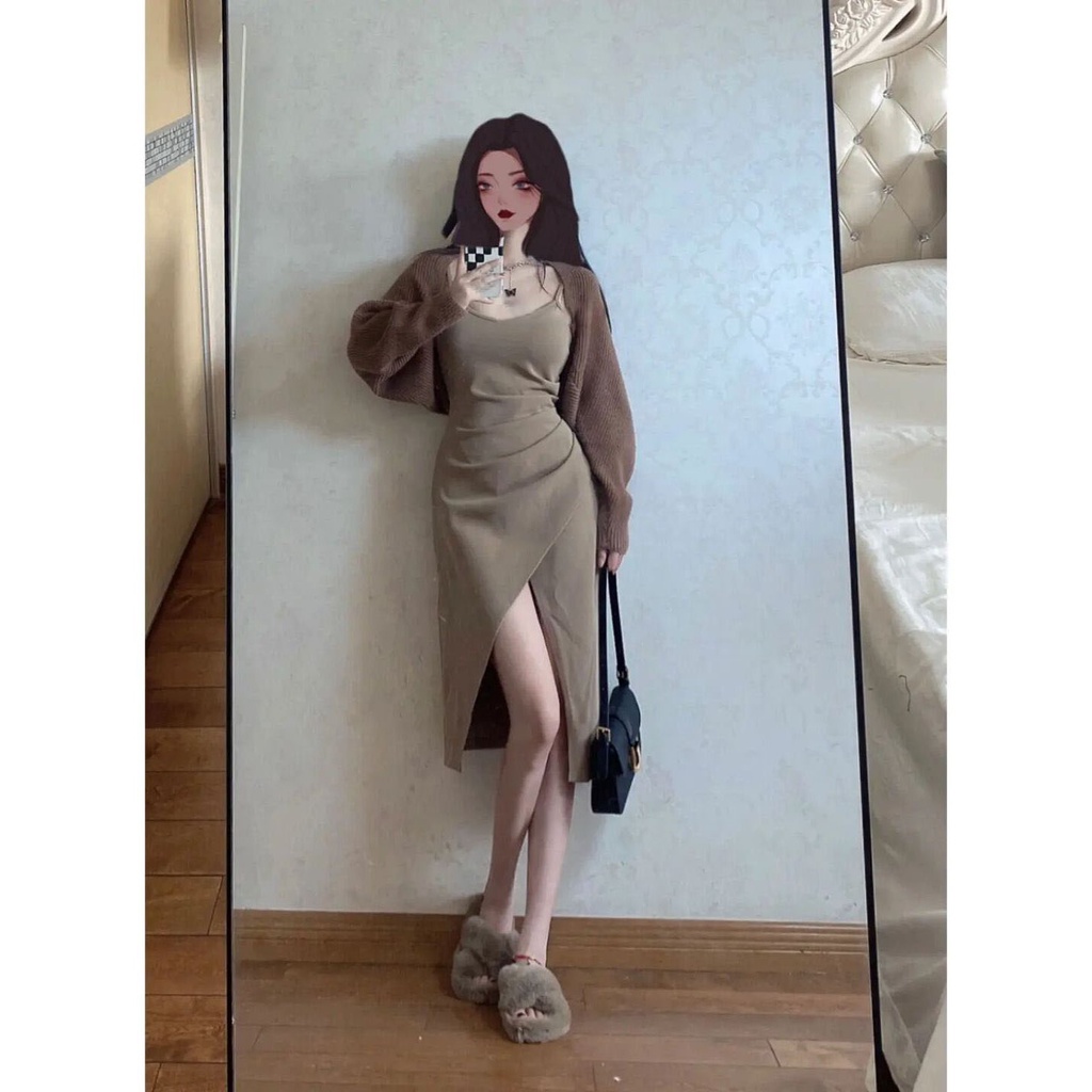 [Hai Mảnh] Set Đầm Hai Dây Dệt Kim Cardigan Màu Trơn Phong Cách Mùa Thu Hợp Thời Trang