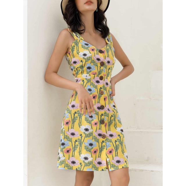 Đầm hoạ tiết nữ YV LE & CO vải linen màu vàng trẻ trung