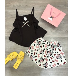 (sale nghỉ bán)Đồ bộ nữ mặc nhà quần đùi áo 2 dây lụa (ảnh thật+clip)
