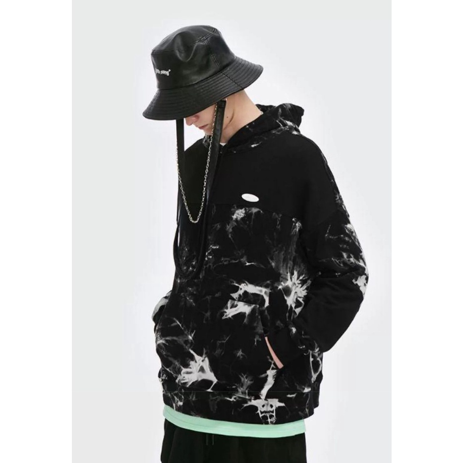 Áo Hoodie loang đen trắng MEANSTORE nỉ da cá có mũ oversize unisex nam nữ form rộng phong cách Hàn Quốc - Basic Nỉ