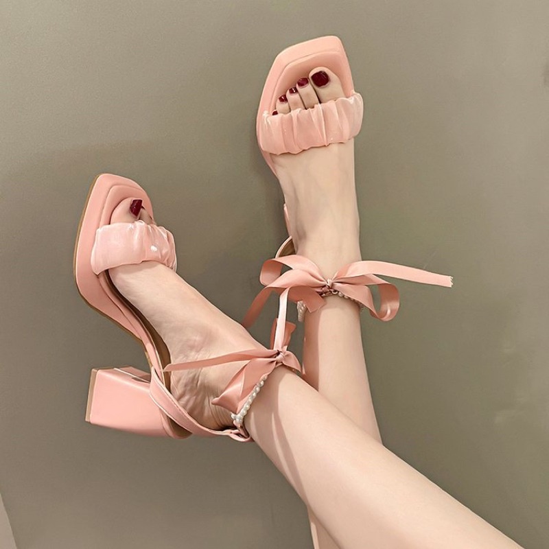 Ỏder  _ Giày cao gót nữ đế trụ phối nơ lụa quai ngọc siêu cá tính