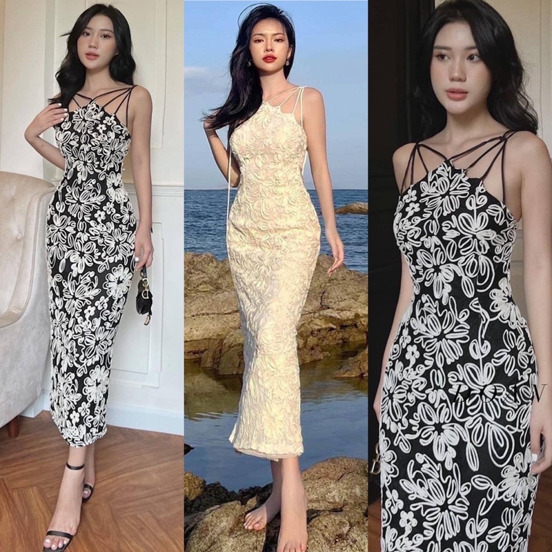 ĐẦM MIDI HOA NỔI DÂY CỔ YẾM (KÈM VIDEO HÌNH THẬT)