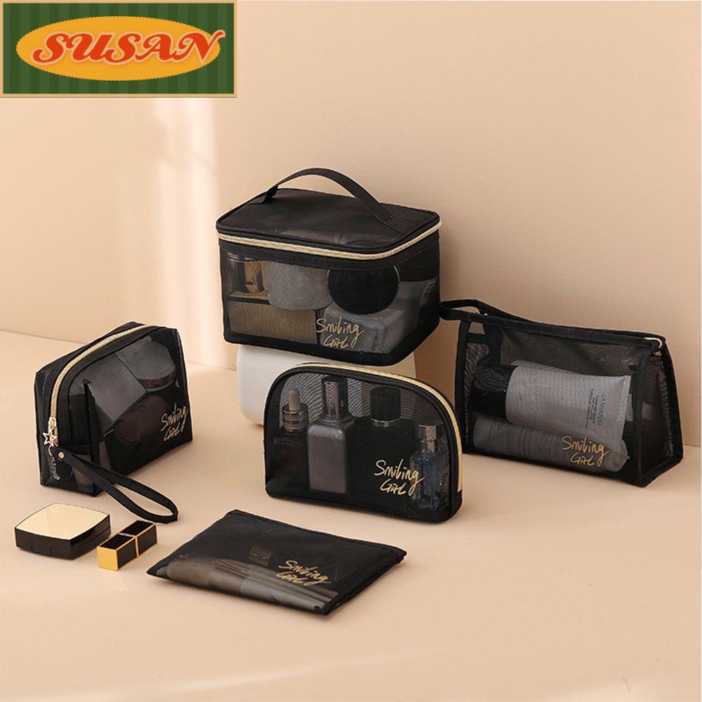 SUSANS 1/5Pcs Black Mesh Cosmetic Bag Transparent Travel Storage Case Makeup Pouch Women NEW Portable Large Capacity Toiletry Organizer