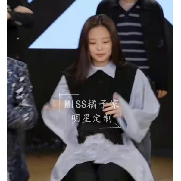 Jin Zhini jennie Áo Sơ Mi Dáng Rộng Tay Dài Màu Xanh Dương + Áo Vest Dệt Kim Thắt Nơ Đen Mùa Xuân rwHS