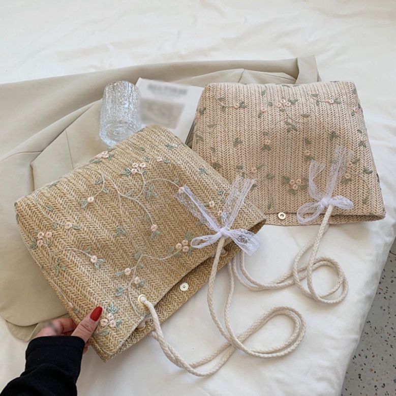 Túi cói đeo vai sức chứa lớn phối ren thêu hoa LUHAZO phong cách phương tây thời trang cho nữ K4T5-3