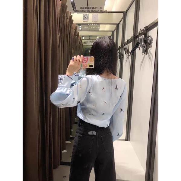 Sơ mi lụa zaaa rá vạt chéo hoạ tiết chim