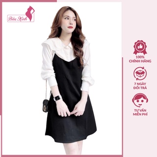 Váy bầu mùa hè - đầm bầu thời trang màu đen giả yếm cổ bèo trắng chất lụa hàn châu BN57