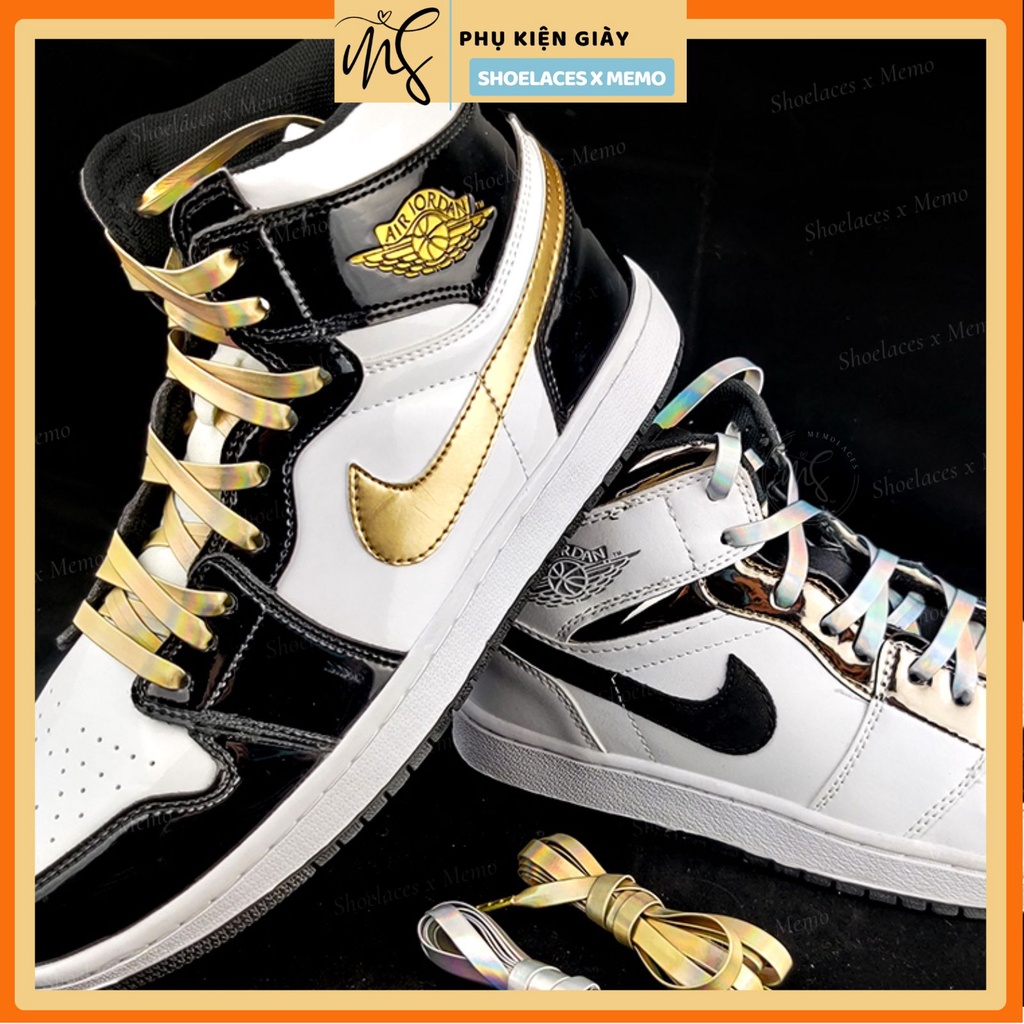 Dây giày da cao cấp dùng cho Nike Air Jordan 1-Dây phản quang Laser  Gold với đầu dây metal