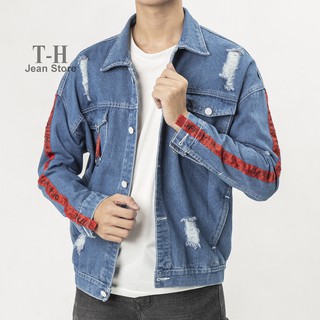 Áo khoác jean nam, áo bò nam thiết kế tay viền đỏ cao cấp AKB23 Oppashop1