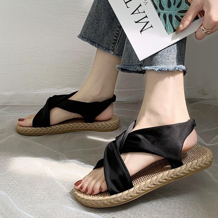 Jiashucheng Hàng Có Sẵn Giày Sandal Vải Lanh Phong Cách Retro Thời Trang Mùa Hè Dễ Phối Đồ Dành Cho Bạn Nữ @ -