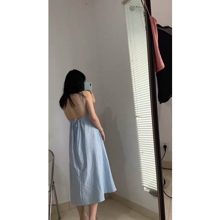 Đầm maxi , Đầm yếm , Đầm 2 dây Cao Cấp thiết kế màu xanh dáng suông dài qua gối hở lưng cột nơ sau - MiNhi | BigBuy360 - bigbuy360.vn