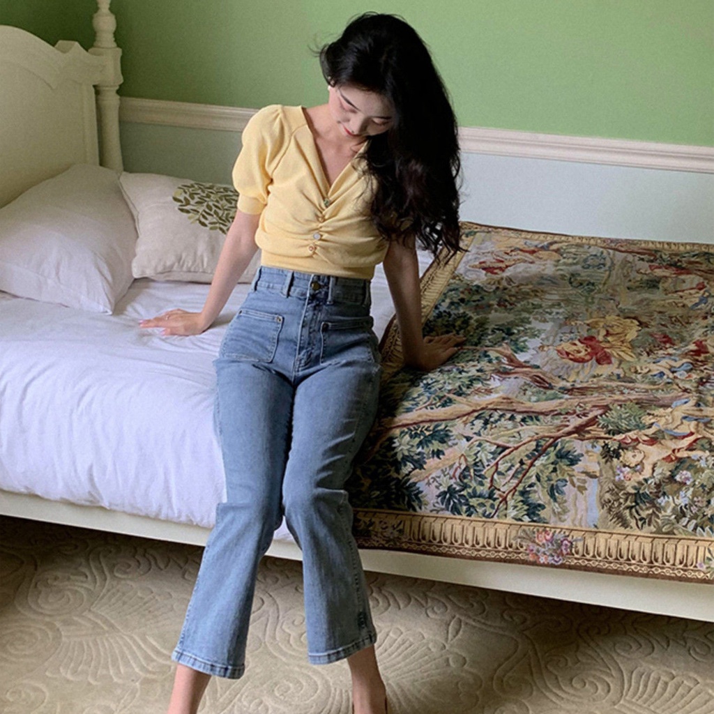 Quần jeans lưng cao phong cách retro Hong Kong cho nữ