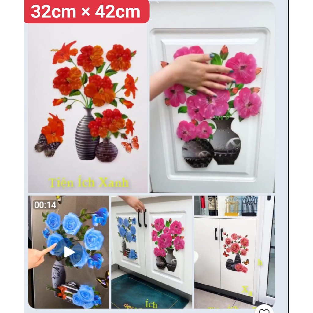 Decal dán tường chậu hoa 3D nghệ thuật 32cm x 42cm