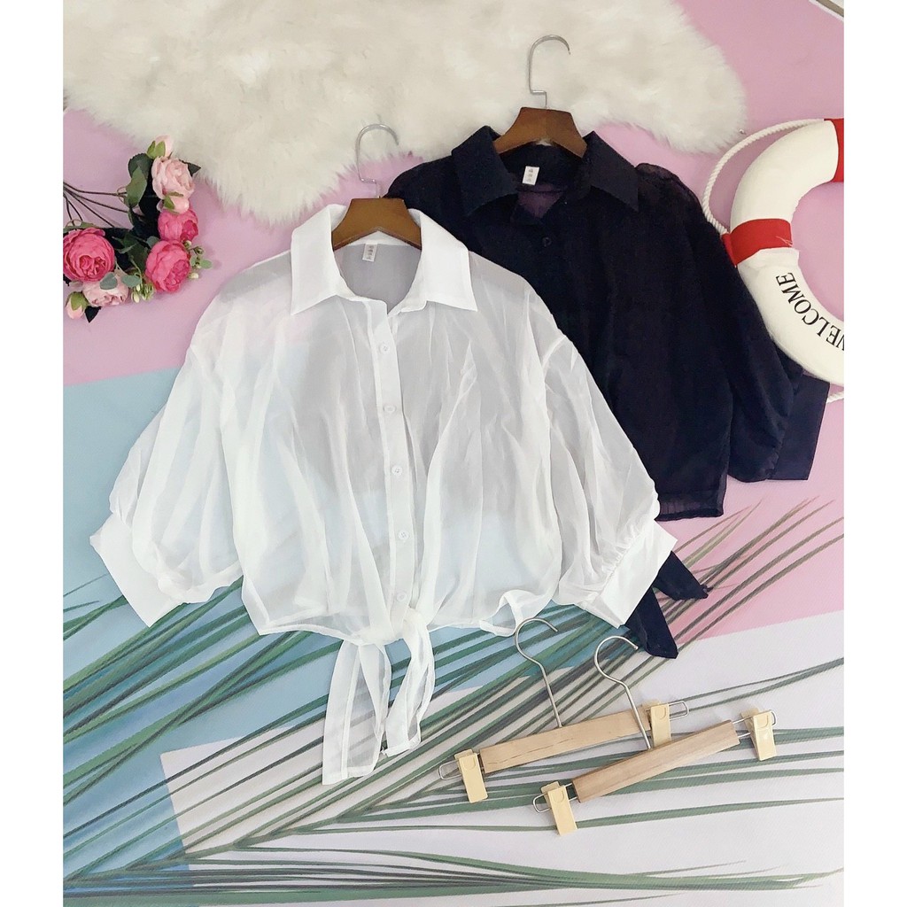 [Freeship đơn từ 50K] [ SIÊU PHẨM Đi BIỂN]Áo khoác sơ mi voan tay phồng cột eo