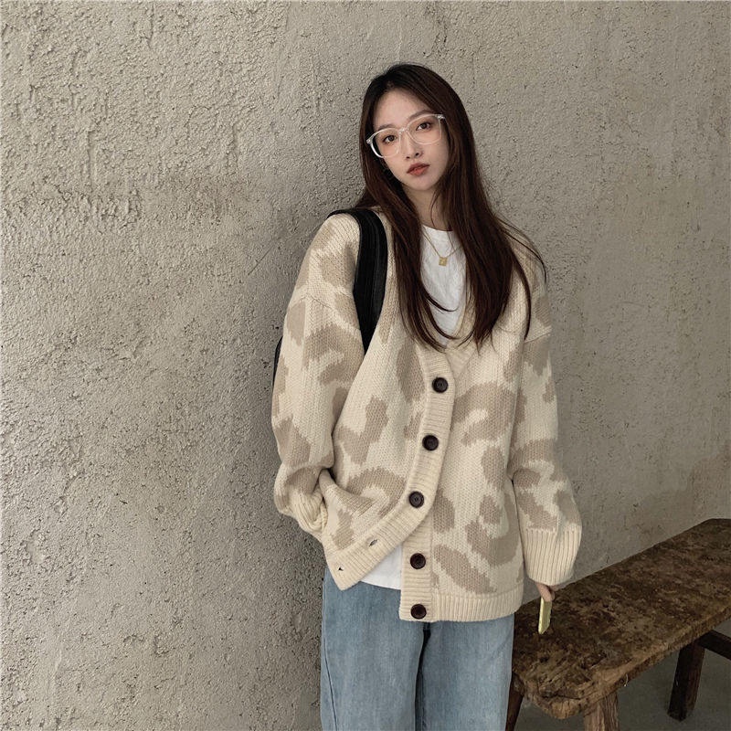 Áo Khoác Cardigan Dệt Kim Họa Tiết Da Báo Thiết Kế Mới Thời Trang Theo Phong Cách Hàn Quốc Cho Nữ