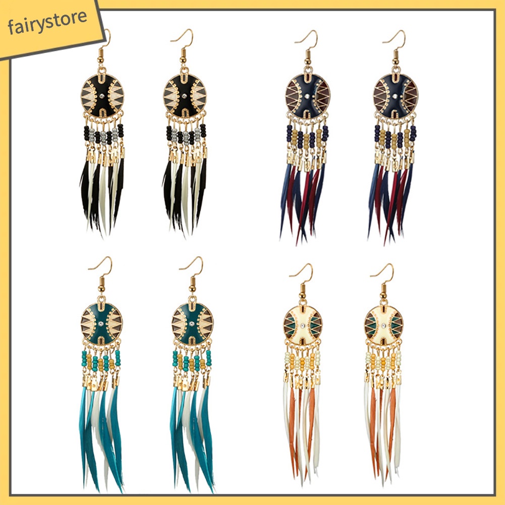 Bông tai hình dreamcatcher đính lông vũ phong cách cổ điển