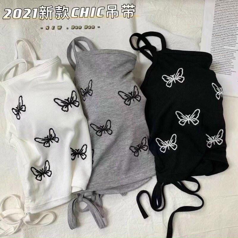 Áo Bra 2 Dây Dáng Croptop Dây Rút Sườn Hoạ Tiết Hình Bướm có 3 màu đen, ghi, trắng chất đẹp