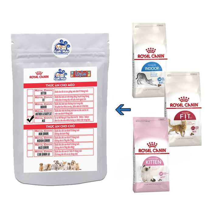 (1kg chia) Thức ăn cho mèo Royal Canin Mix tổng hợp từ 3 loại Kitten, Fit, Indoor - Túi zip 1kg (giao hàng siêu nhanh)