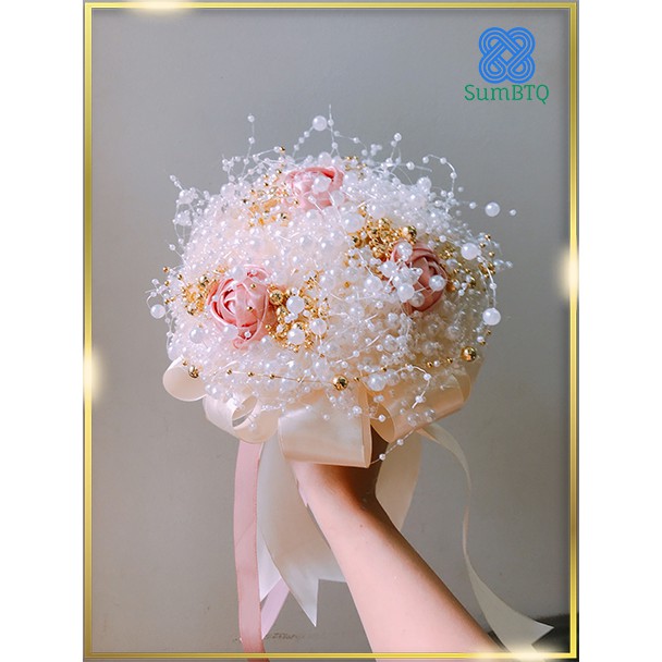 hoa cưới hạt cườm hoa ruy băng