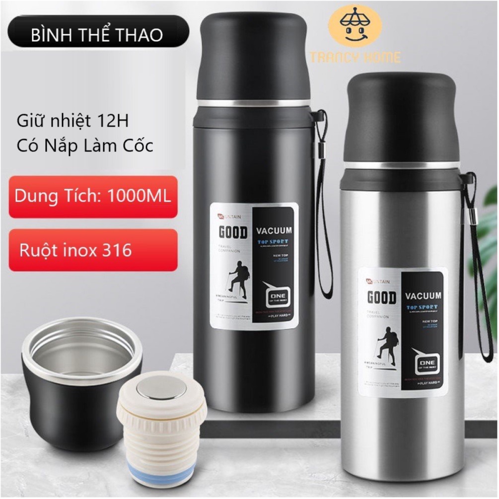 Bình Giữ Nhiệt TRANCY dung tích 1000ml Cao Cấp Bình Đựng Nước Có Nắp Làm Cốc Inox 304 BTC09.