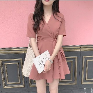 Đầm Tay Ngắn Màu Trơn Phong Cách Hàn Quốc Mẫu 32804
