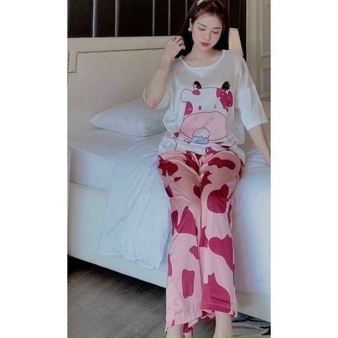 Bộ đồ lụa quần dài mặc nhà in hình bò sữa dễ thương, có sẵn nhiều màu