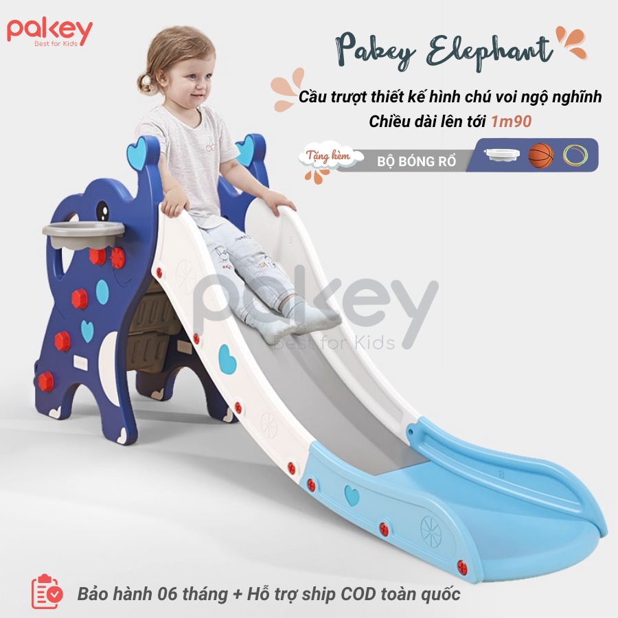 Cầu trượt voi Pakey, cầu trượt cho bé TẶNG KÈM BÓNG RỔ + NÉM VÒNG, nâng cấp bậc khép kín an toàn