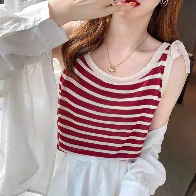 SUXI Áo Tank Top Dệt Kim Dáng Rộng Sát Nách Kẻ Sọc Đính Nơ Thời Trang Mùa Hè Cho Nữ