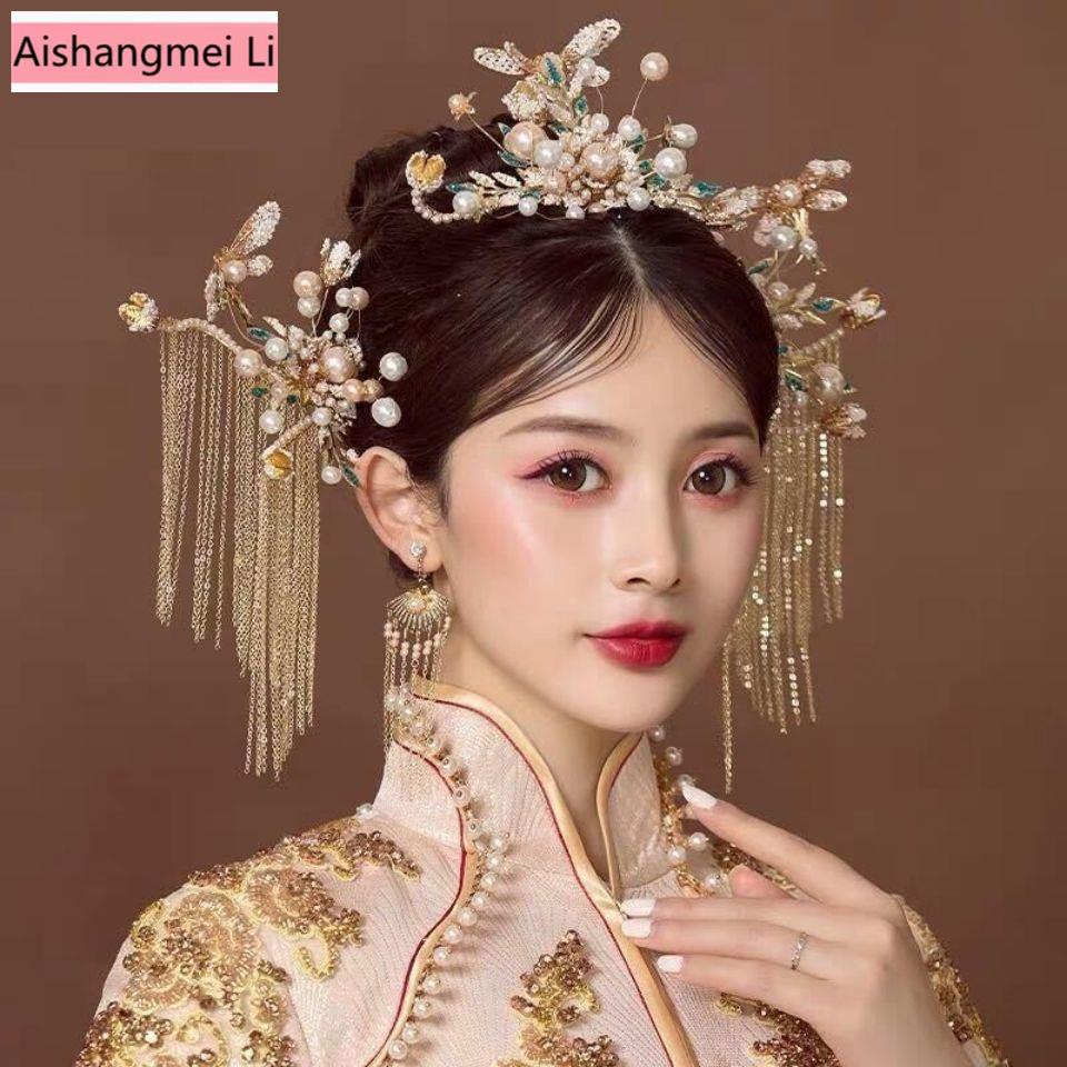 [Aishang Trang Sức Đẹp] Phụ Kiện Cài Tóc Cô Dâu Xiuhe Hình Vương Miện Phượng Hoàng Tua Rua Dài Phong Cách Trung Hoa Mới Nhất Năm 2022