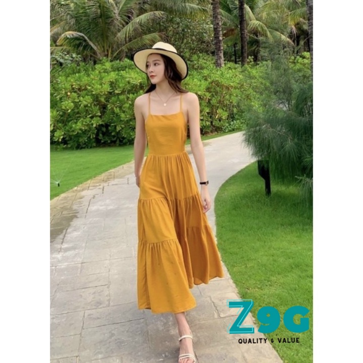 Đầm Maxi Hở Lưng, Đầm Cột Nơ đi biển Váy Đầm Dài Dáng Xòe Hai Dây Cổ Vuông Đan Dây - B014