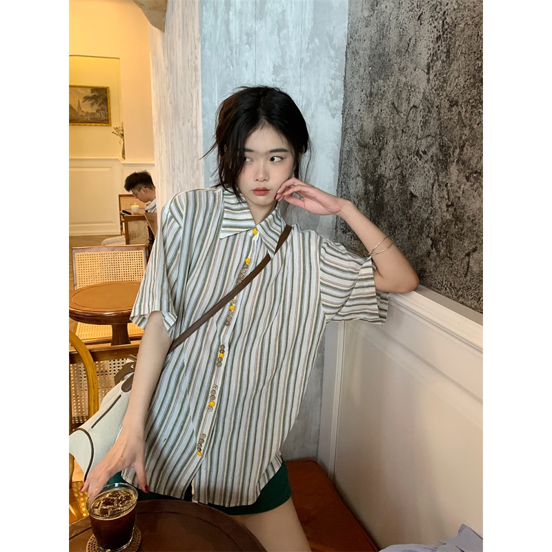 Áo sơ mi QKOOLE tay ngắn dáng rộng in họa tiết thời trang Hàn Quốc cho nữ