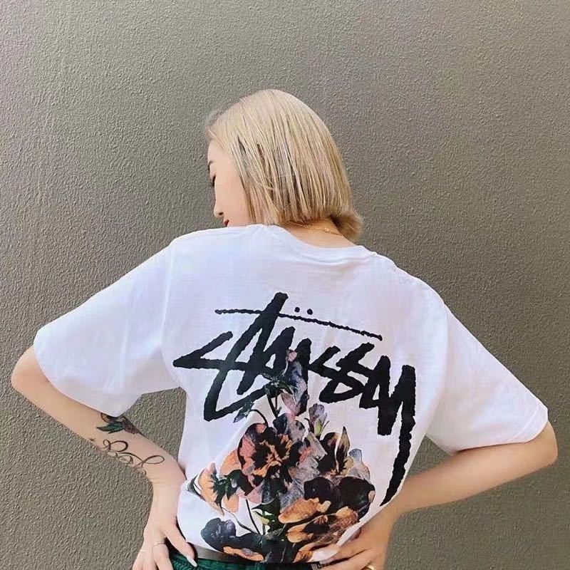 Áo thun cổ tròn màu trắng/đen in chữ Stussy thời trang cho cặp đôi