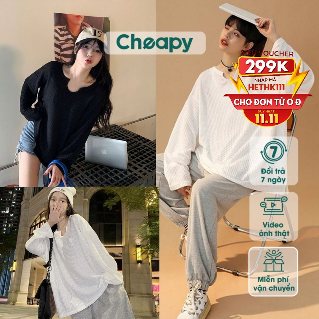 Áo thun dài tay nam nữ vải tổ ong khoét cổ form oversize Cheapy đen trắng hàn quốc basic mùa thu đông local brand C544