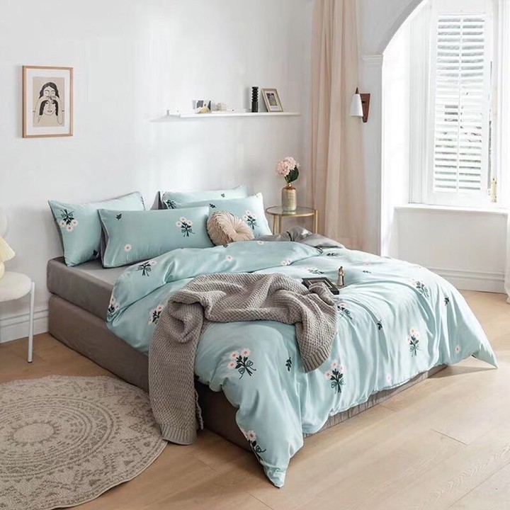 Bộ vỏ ga gối chất vải Lụa Phi họa tiết cúc trắng