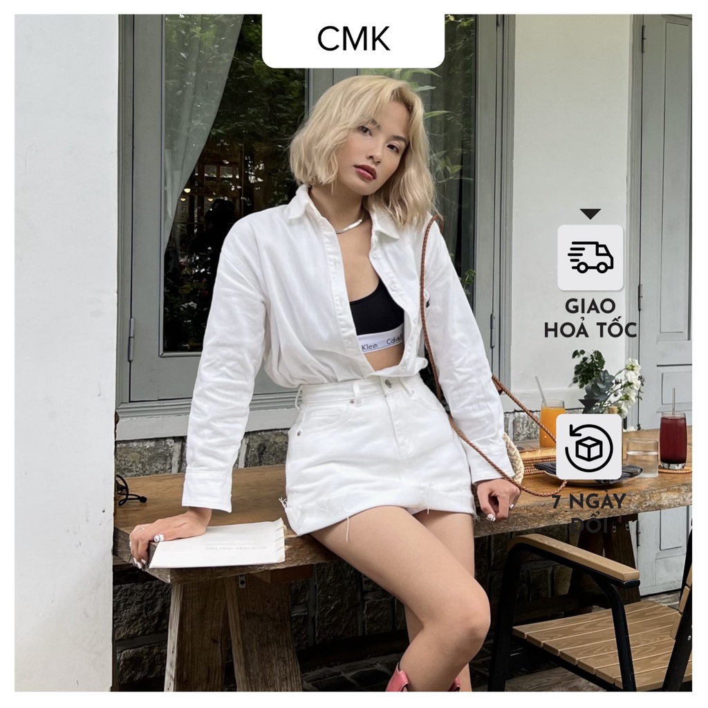 Áo khoác jean nữ form rộng màu trắng - CHIC MONKI DENIM JACKET CMJA1272