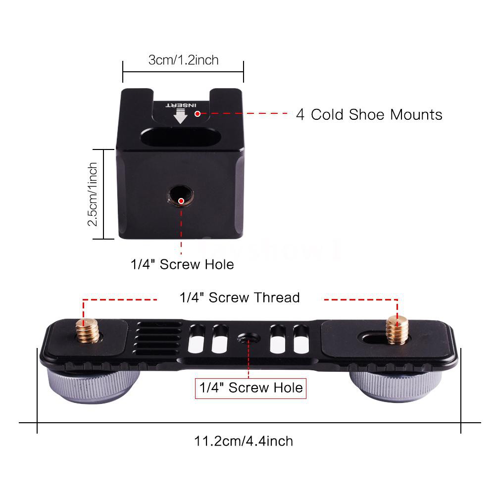 Giá đỡ thanh mở rộng tay cầm chống rung bằng hợp kim nhôm với 4 ngàm gắn vít 1/4inch cho micro/ đèn LED